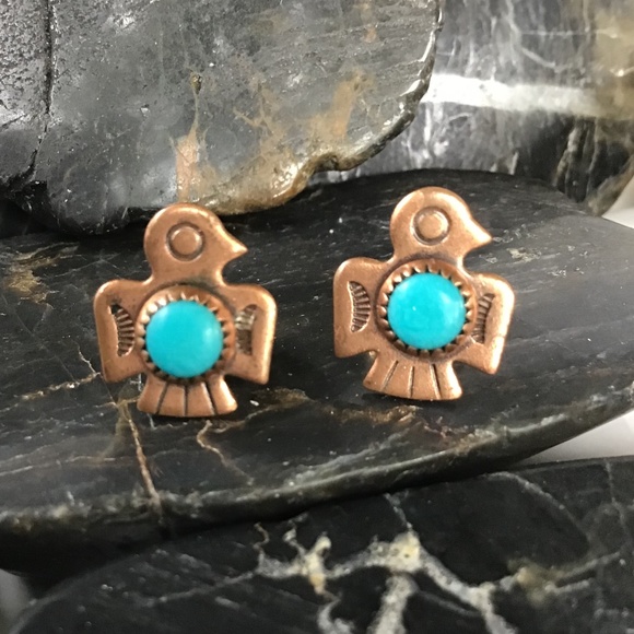Vintage Copper Turquoise Earrings Thunderbird Southwest Style Pierced - Picture 9 of 12